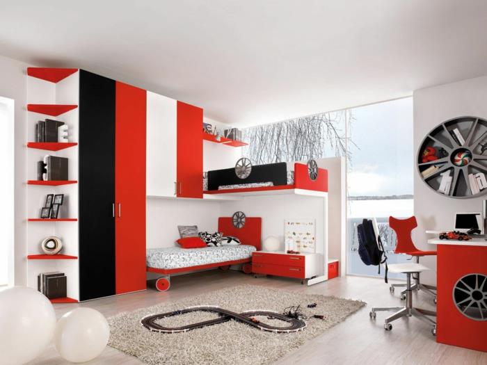 ιδέες παιδικού δωματίου λευκό κόκκινο φανταχτερό ράφι πανοραμικό παράθυρο