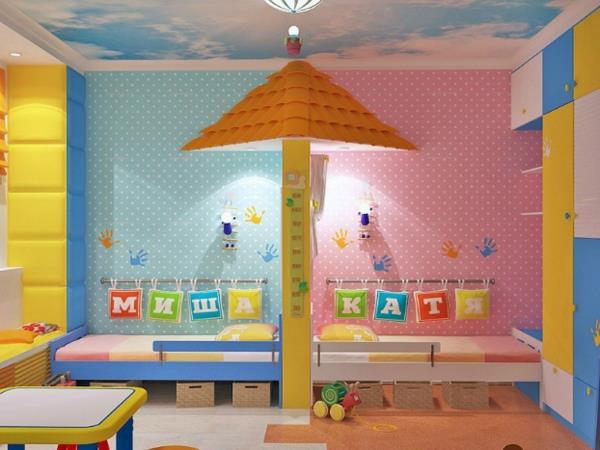 παιδικό δωμάτιο εντελώς σε μπλε και ροζ χρώμα