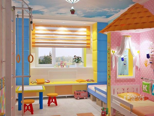 παιδικό δωμάτιο εντελώς χαριτωμένα πολύχρωμα έπιπλα και ρολά παραθύρων σε πορτοκαλί