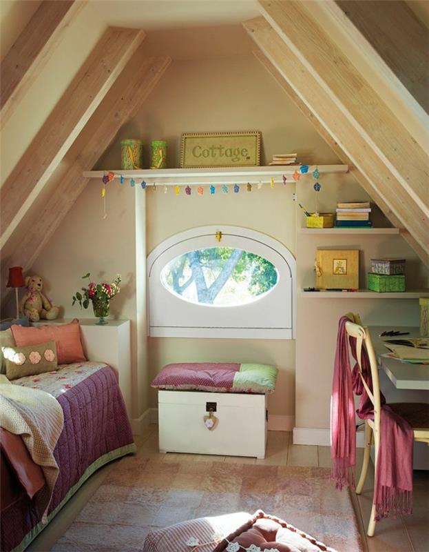παιδικό δωμάτιο με επικλινή σοφίτα σοφίτα γραφείο κρεβάτι ράφια τοίχου