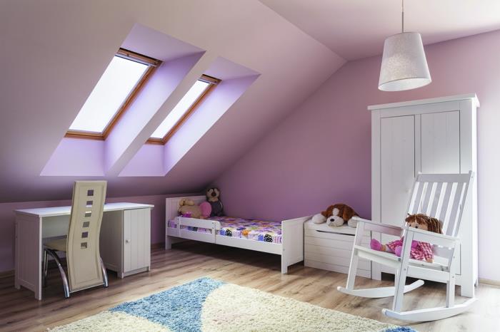 παιδικό δωμάτιο με κεκλιμένη οροφή μωβ βαφή τοίχου παιδικό δωμάτιο χαλί λευκή ντουλάπα