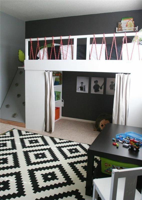 παιδικό δωμάτιο χαλί λευκό μαύρο μοτίβο παιδικό κρεβάτι σοφίτας