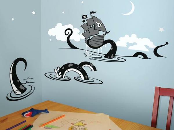 Παιδικό δωμάτιο τοίχου αυτοκόλλητο πειρατικό πλοίο και χταπόδι