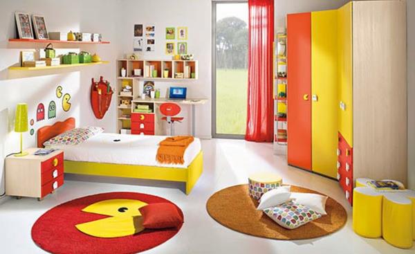 παιδικό δωμάτιο σχεδιασμός γωνιά ντουλάπα στρογγυλά χαλιά αστεία φωτεινά χρώματα