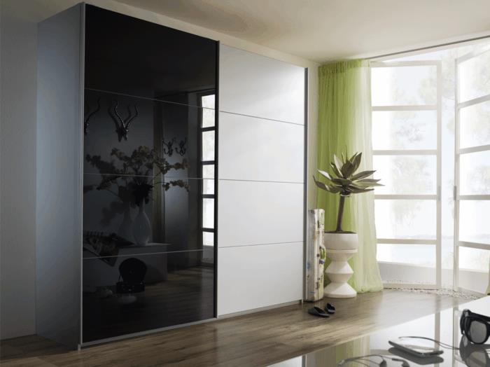 ντουλάπα σχέδιο μαύρο λευκό καθρέφτη επιφάνεια σαλόνι ιδέες υπνοδωμάτιο φυτό