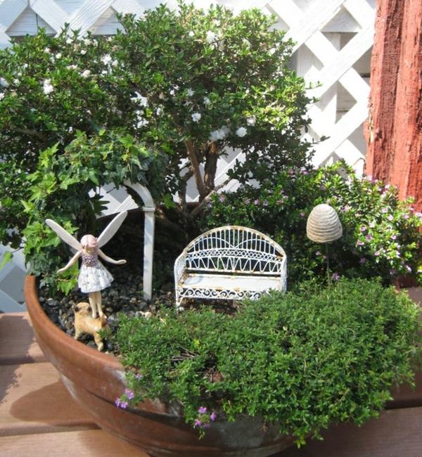 μικροί κήποι σχεδιασμός πυξάρι νεράιδα πάγκο θυμάρι