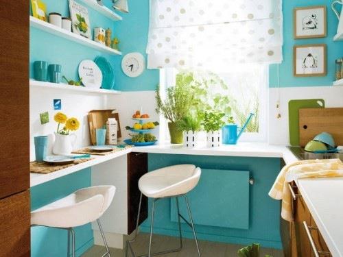 μικρές επιλογές κουζίνας συμπαγή ράφια τοίχου μπλε τοίχοι
