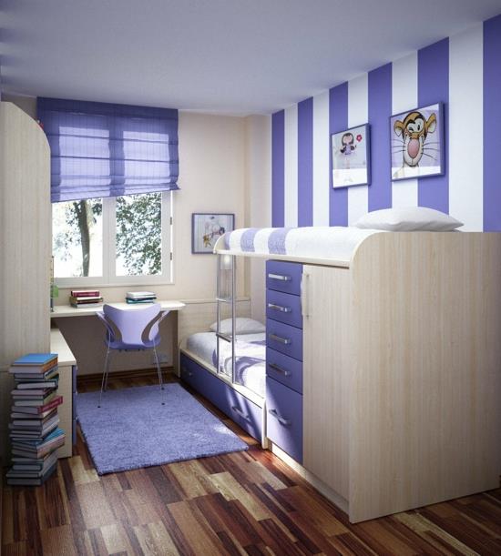 μικρά δωμάτια κομψό σχέδιο μοβ θηλυκές ρίγες τοίχο κρεβάτι σοφίτα