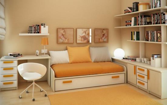 μικρά δωμάτια κομψό σχεδιασμό πορτοκαλί στρώμα ξαπλώστρα κρεβατιών