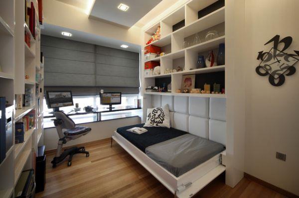 δημιουργικά σχεδιασμένα μικρά υπνοδωμάτια ενσωματωμένα ανοιχτά ράφια μοντέρνοι χώροι εργασίας