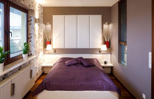 δημιουργικός σχεδιασμός μικρών υπνοδωματίων μωβ κρεβάτι αυτοκόλλητο τοίχου