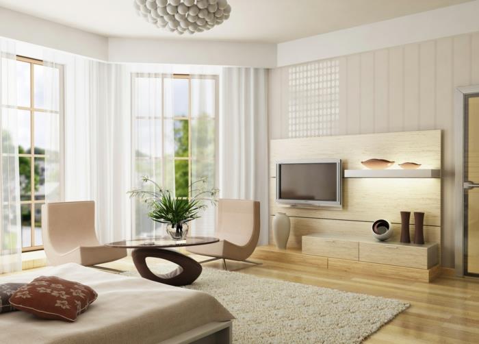 Επιπλώστε μικρό διαμέρισμα φωτεινό ξύλινο τοίχο μονάδα διακοσμητικά είδη έπιπλα κρεμαστά φωτιστικά πολυθρόνα στρογγυλό τραπεζάκι σαλονιού