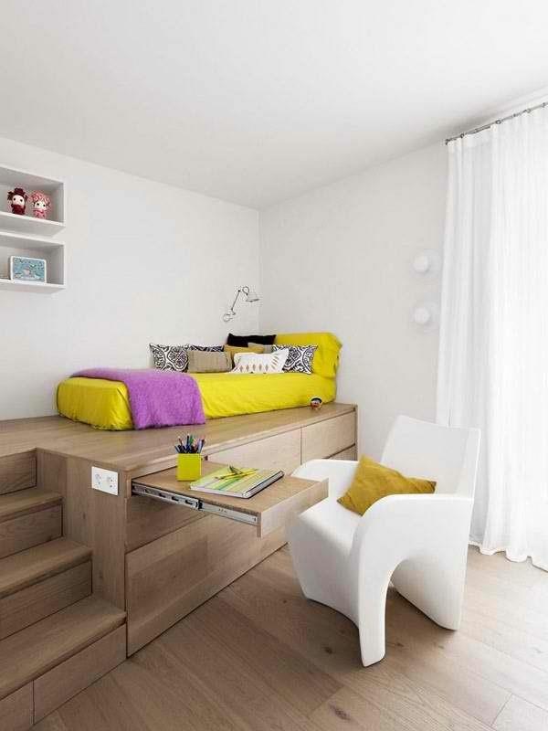 επίπλωση μικρών διαμερισμάτων συμβουλές όμορφο σχέδιο κίτρινο κρεβάτι