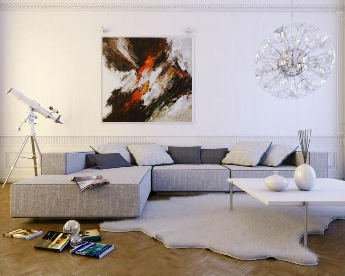 Επιπλώστε ένα μικρό διαμέρισμα λευκούς τοίχους γούνινο χαλί γκρι καναπέ μαξιλάρια τηλεσκοπικά