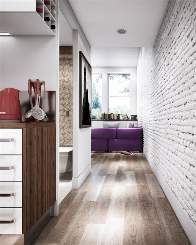 Μικρό διαμέρισμα που έχει σχεδιαστεί με τοίχο από τούβλα, σχεδιασμό αίθουσας κουζίνας