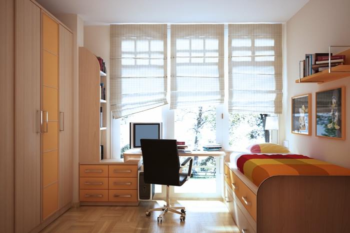 μικρό δωμάτιο επιπλωμένο υπνοδωμάτιο γραφείο συρταριών με ρωμαϊκά τυφλά κρεβάτια