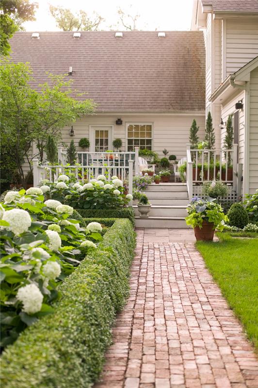 μικρό σχήμα κήπου συμμετρία λευκές ορτανσίες πλαισιώνουν το μονοπάτι προς το σπίτι