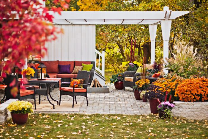 σχεδιασμός μικρού θόλου κήπου όμορφα χρώματα φθινοπώρου πορτοκαλί κόκκινο κίτρινο καφέ οπτική δύναμη αλλάξτε την εμφάνιση του κήπου