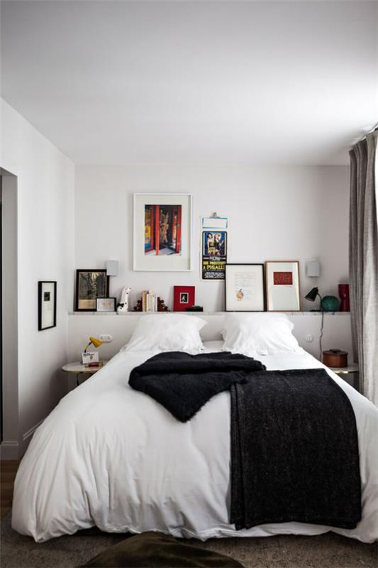 μικρό υπνοδωμάτιο απλό εσωτερικό κρεβάτι ύπνου λευκό λινό ράφι τόνους σε μαύρη αντίθεση