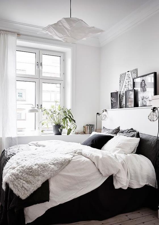 μικρό υπνοδωμάτιο απλό σχεδιασμό δωματίου άνετο κρεβάτι οπτική αντίθεση μεταξύ λευκού και μαύρου