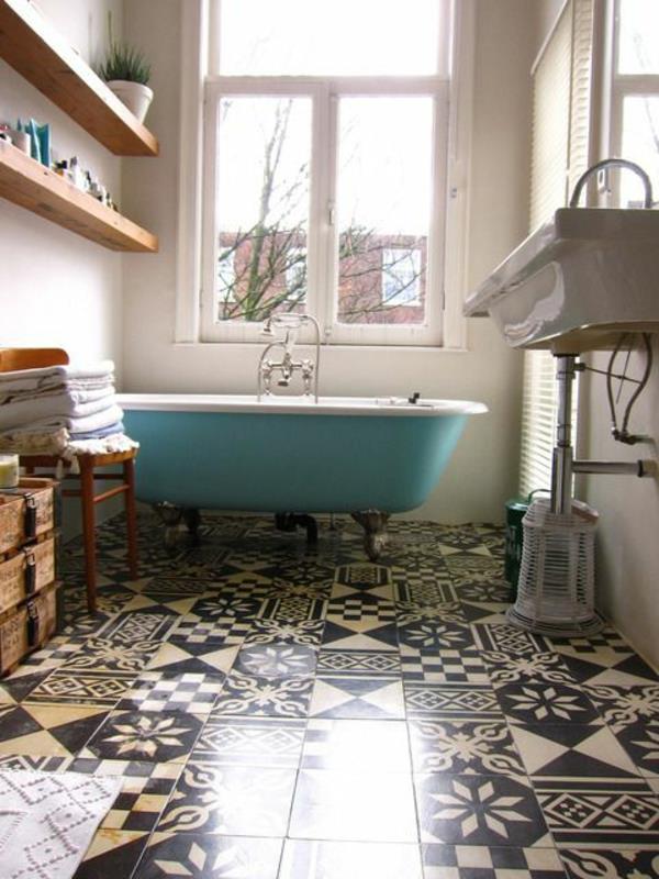 Μικρό μπάνιο στημένο πλακάκια μπάνιου κεραμίδι μοτίβο μαύρο και άσπρο vintage συνονθύλευμα