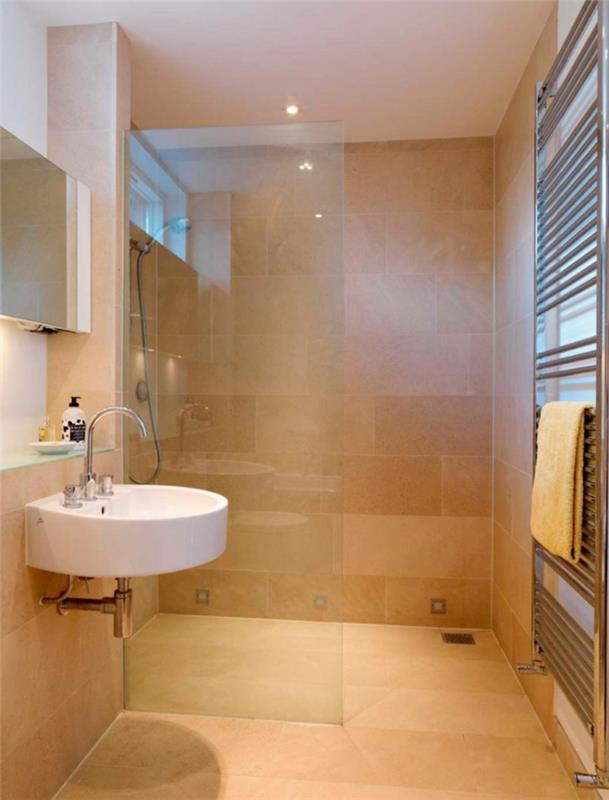 Μικρό μπάνιο με καμπίνα ντους ανοιχτό γυάλινο διαχωριστικό δωματίου στρογγυλό νεροχύτη