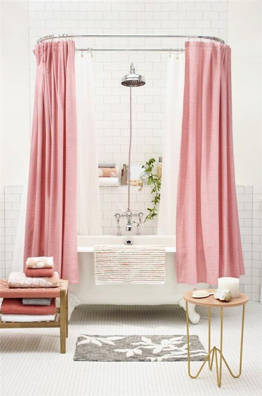 επίπλωση μικρών ιδεών μπάνιου ανεξάρτητη μπανιέρα μπανιέρα κουρτίνες ροζ