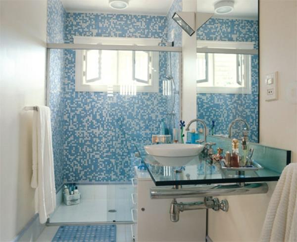 μικρές ιδέες μπάνιου ντουλάπι νιπτήρα μικρά πλακάκια μπάνιου μπλε λευκό