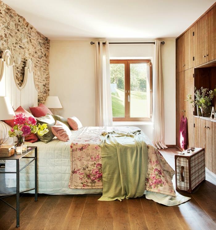 μικρό υπνοδωμάτιο σετ boho chic χτιστό ντουλάπα πέτρινο τοίχο