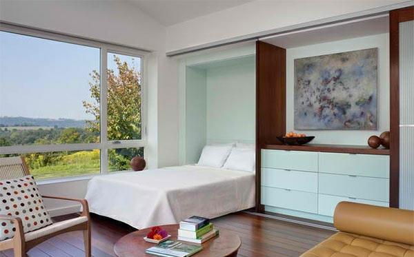 Μικρό υπνοδωμάτιο με πτυσσόμενο κρεβάτι ξύλινες ιδέες χρωμάτων