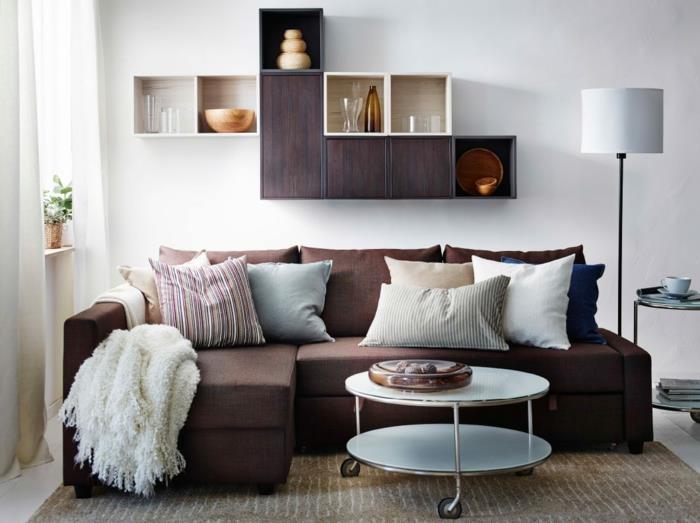 Επιπλώστε ένα μικρό σαλόνι καφέ καναπέ τοίχου ράφια τετράγωνο ξύλο στρογγυλό πλευρικό τραπέζι