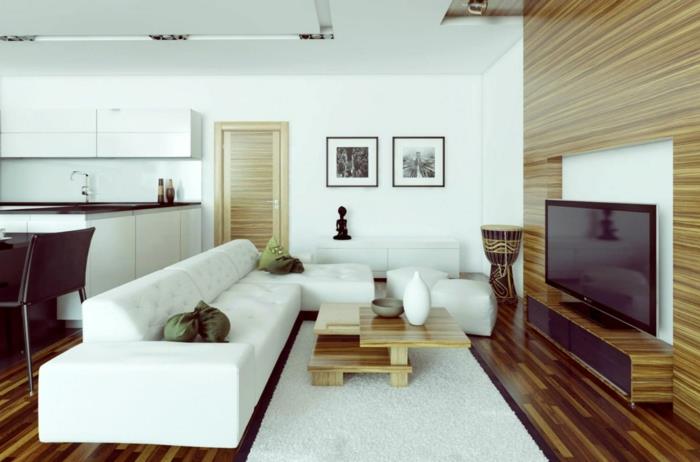 Επιπλώστε ένα μικρό σαλόνι Ανοιχτό σχέδιο του λευκού καναπέ