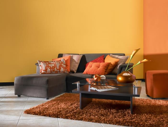 Επιπλώστε ένα μικρό σαλόνι με χρώμα πορτοκαλί χαλί βαθύ σωρό καφέ