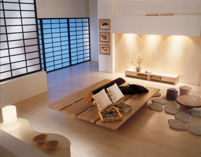 Μικρό σαλόνι με ξύλινο τραπεζάκι σαλονιού zen ιαπωνικού στυλ