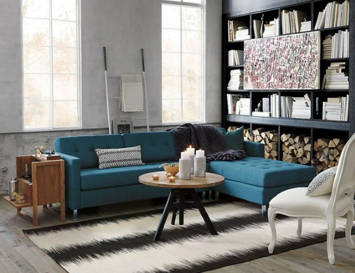 μικρό δωμάτιο στήσιμο ιδέες σαλόνι μπλε γωνιακός καναπές