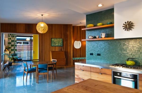 άνετο εσωτερικό σχέδιο κουζίνας πίσω τοίχος celadon πράσινα ψηφιδωτά πλακάκια τοίχου