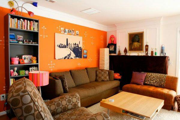 όμορφα χρώματα τοίχων σαλόνι πορτοκαλί τοίχοι οικιακά υφάσματα καφέ