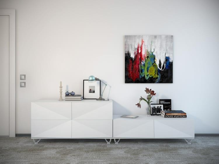 δημιουργική διακόσμηση τοίχου ιδέες σαλονιού χρώμα τοίχου λευκή πολύχρωμη ζωγραφική τοίχου