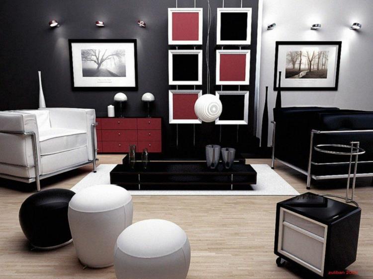 δημιουργικός σχεδιασμός τοίχου με έγχρωμες ιδέες σαλονιού μαύρο άσπρο κόκκινο