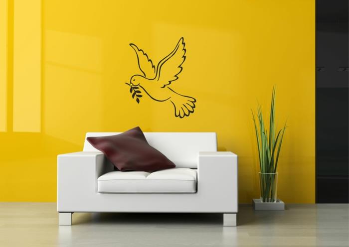 δημιουργικός σχεδιασμός τοίχου σχεδιασμός κίτρινου τοίχου σαλόνι τοίχος αυτοκόλλητο λευκός καναπές