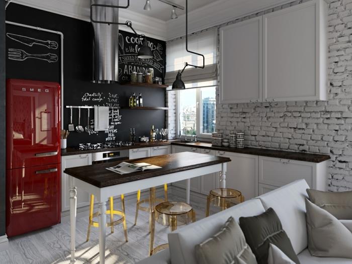 δημιουργικός σχεδιασμός τοίχου κουζίνα κόκκινο ψυγείο δροσερό μπαρ σκαμπό τοίχο από τούβλα