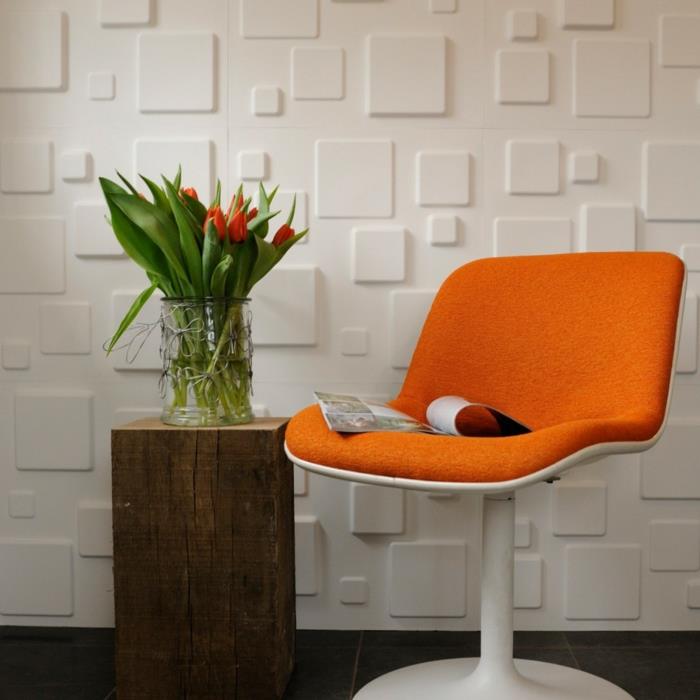 δημιουργικός σχεδιασμός τοίχου πορτοκαλί πολυθρόνα πλαϊνό τραπέζι