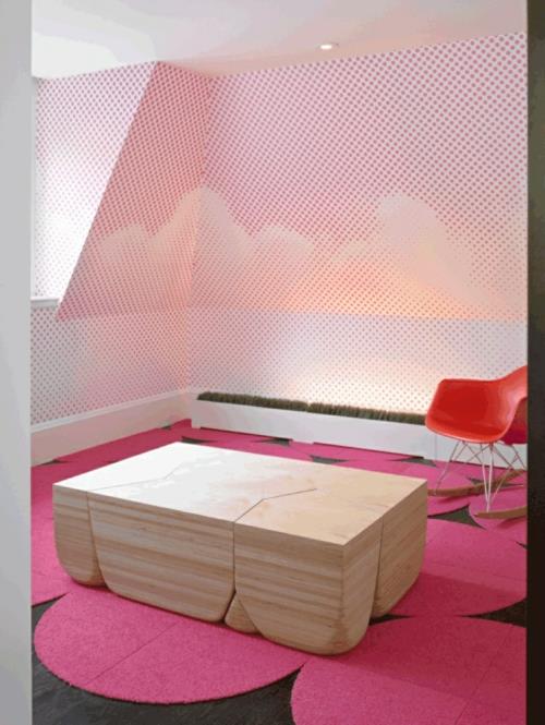 δημιουργικό σπονδυλωτό ξύλινο τραπέζι σχεδιασμό χαλί ροζ στρογγυλό