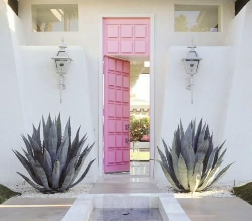 δημιουργικός σχεδιασμός μπροστινής πόρτας σε ροζ γκρίζους κάκτους ανοιχτόχρωμους