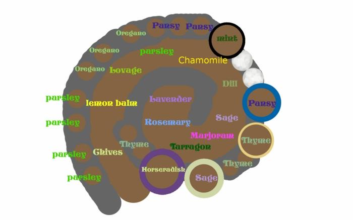 βότανο σπειροειδής πέτρα μικρές πέτρες γεμάτες άνθη από τούβλα φαρμακευτικά φυτά μαγειρικά βότανα ζώνη οικοδόμηση σπιράλ βοτάνων