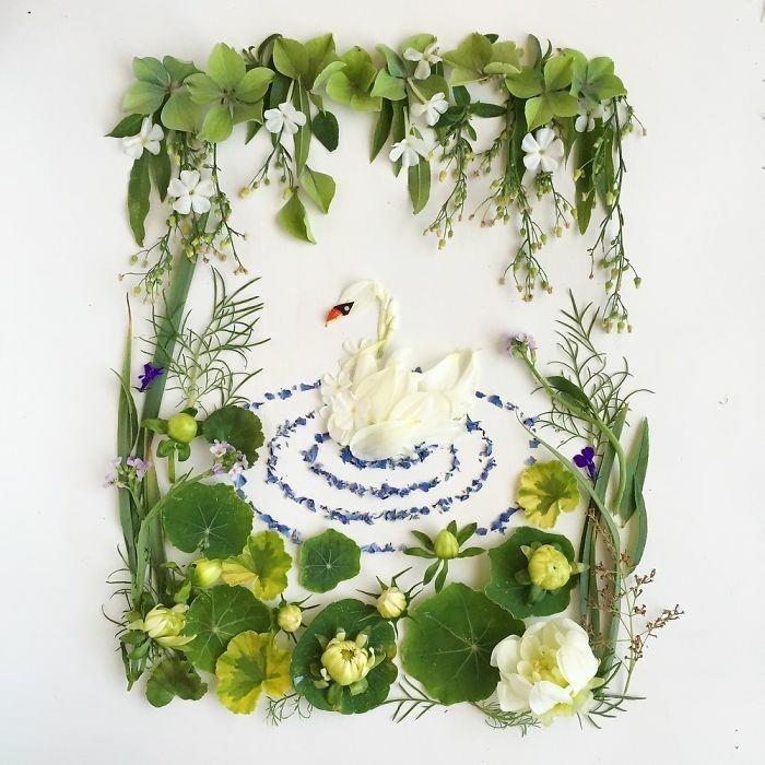 αντικείμενα τέχνης Μπρίτζιτ Κολίνς φύλλα λουλουδιών κύκνων φύλλα