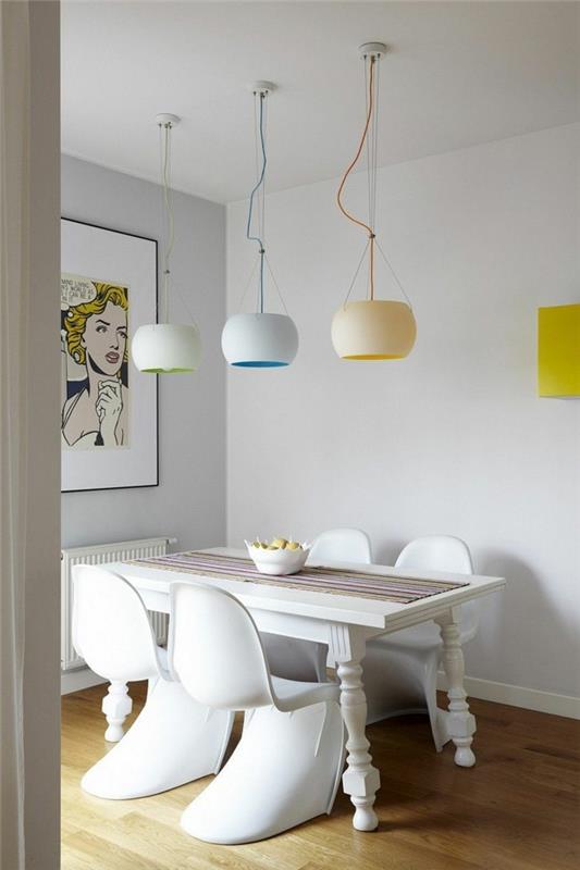 λάμπες τραπεζαρία σε παστέλ χρώματα και λευκό τραπέζι φαγητού