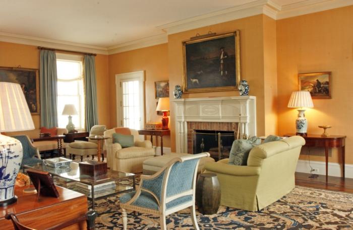 εξοχικό στυλ σαλόνι πορτοκαλί χρώμα τοίχου κομψό χαλί