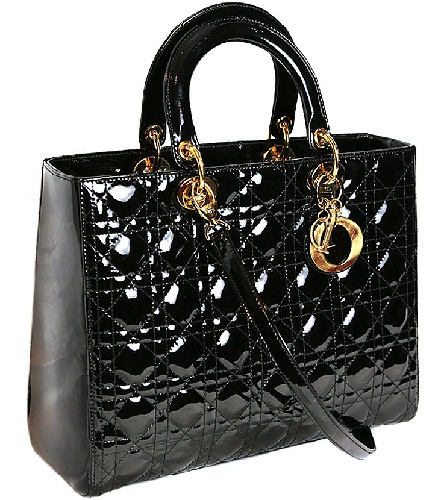 „Dior“ juodos dygsniuotos patentuotos „Lady Dior“ krepšys