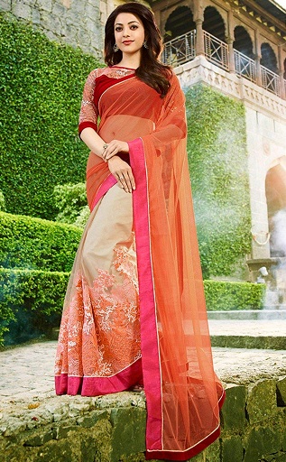 Kajal Agarwal Pembe Turuncu Saree